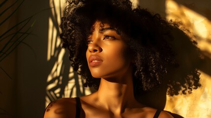 a woman with a black bra top and a afro hairstyle looking up at the sun through a window - obrazy, fototapety, plakaty