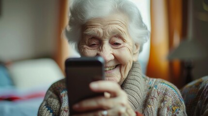 Happy senior female holding smartphone using mobile phone app. Technology, communication, happy adult woman with smartphone at home, recreation, communication, sociality, hobbies, adaptation - obrazy, fototapety, plakaty