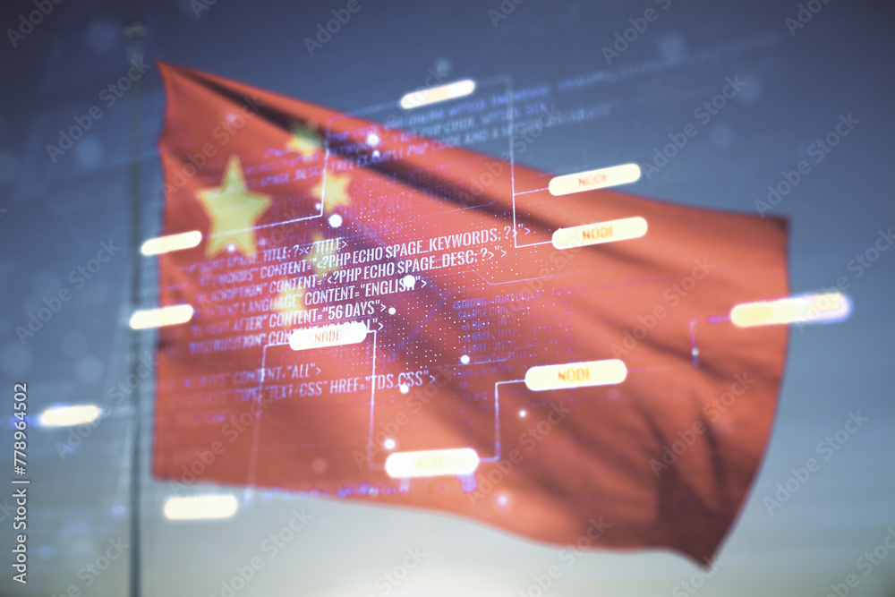 Poster multi exposure of abstract creative coding sketch on flag of china and sunset sky background, artifi