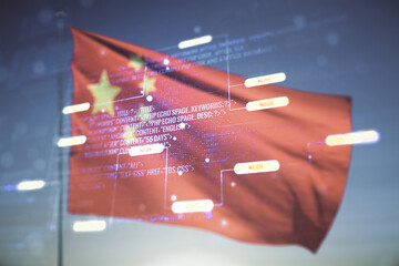 Multi exposure of abstract creative coding sketch on flag of China and sunset sky background,...