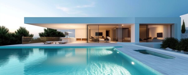 Obraz na płótnie Canvas Modern minimalist sustainable house with a clear blue pool with sleek white walls, and a serene sky backdrop 