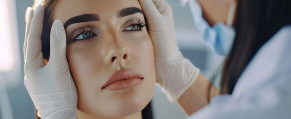 plastic surgery, beauty, Surgeon or beautician touching woman face, surgical procedure that involve altering shape of face, doctor injection to prepare for rhinoplasty, medical assistance, health - obrazy, fototapety, plakaty