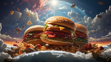 Surreal dimension where physics-defying heroes outsmart gravity-bound junk food fiends illustration - obrazy, fototapety, plakaty
