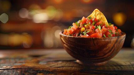 Fresh homemade salsa in a wooden bowl with a tortilla chip, on a rustic table with a blurred kitchen background.