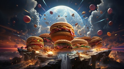 Surreal dimension where physics-defying heroes outsmart gravity-bound junk food fiends illustration