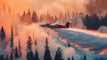 a plane is spraying water on a forest fire - obrazy, fototapety, plakaty