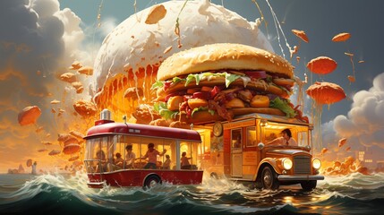Time travelers arriving in various eras to combat historical junk food menaces illustration - obrazy, fototapety, plakaty