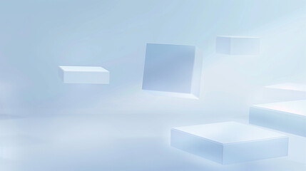 Abstract minimalist background with geometric shapes, floating cubes in a soft blue-white gradient space with subtle lighting and shadows. Ideal for modern design concepts.