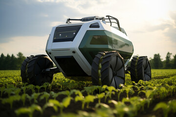 A white and green vehicle is driving through a field of green plants