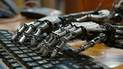 Fototapeta na wymiar Robotic hands typing on a keyboard, symbolizing artificial intelligence and automation in modern technology.