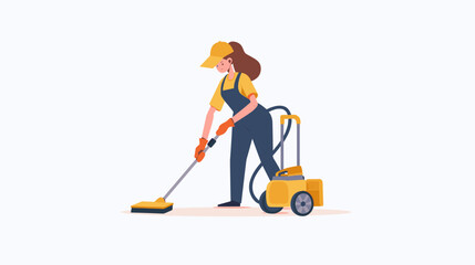 cleaning service woman with yellow cap and overalls cleaning floor using a carpet cleaner vector illustration white background