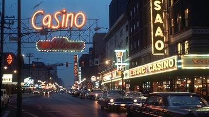 a casino sign is lit up at night in a city street