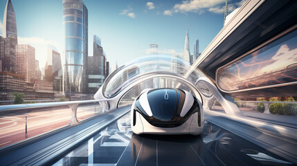 A futuristic car is driving through a tunnel in a city