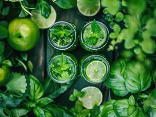 Obraz premium Four green mason jars filled with green juice and lime slices