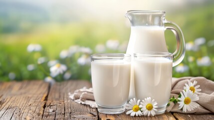 Obraz na płótnie Canvas A glass of milk and a pitcher in a field of flowers