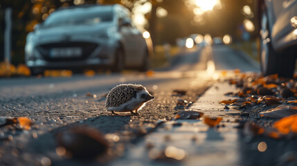 A lone hedgehog crosses a wet road strewn with autumn leaves at sunset, with the golden light casting long shadows, while cars are blurred in the background. - obrazy, fototapety, plakaty