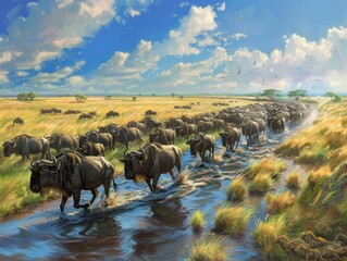 A painting of a herd of wildebeest crossing a river