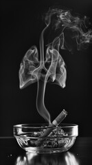 Conceptual image of glass lungs surrounded by smoke with cigarettes in an ashtray, symbolizing the harmful effects of smoking on respiratory health.