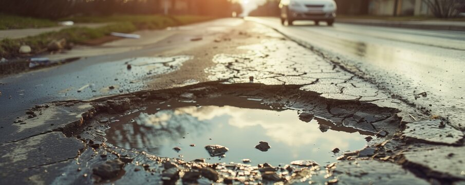 Old damaged asphalt pavement road with potholes in city	