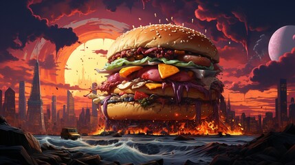 Avant-garde artists transforming a cityscape into a weapon against junk food monsters illustration - obrazy, fototapety, plakaty