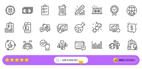 Checkbox, Payment and Green electricity line icons for web app. Pack of Teamwork, Payment message, Oil barrel pictogram icons. Chemical formula, Accounting, Cloud computing signs. Search bar. Vector
