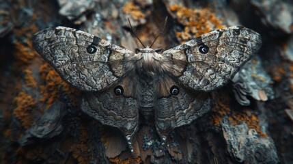 Macro photo of camouflaged moth on tree trunk at night, detailed wings pattern and antennae