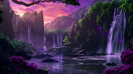 Dark green purple nature rocky landscape with waterfall and lake desktop wallpaper background