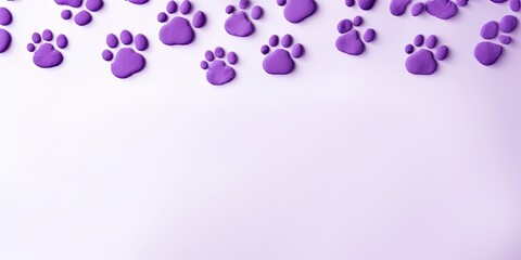 Violet paw prints on a background, minimalist backdrop pattern with copy space for design or photo, animal pet cute surface 
