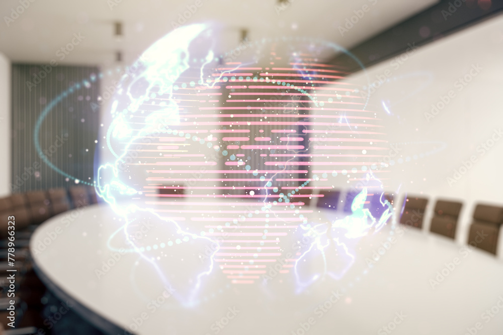 Poster Double exposure of abstract digital world map hologram with connections on a modern boardroom background, big data and blockchain concept
