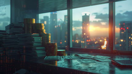 Piles of money on a table with a city skyline at sunset in the background, suggesting wealth, financial success, or corporate profits.