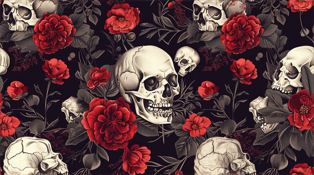 Gothic seamless pattern with skulls and red roses on a dark background, ideal for fabric, wallpaper, or Halloween-themed designs.
