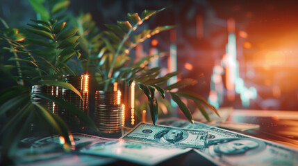 Stacks of coins with US dollar bills on a reflective surface, surrounded by lush greenery, with a warm, bokeh-lit background suggesting a financial or investment theme. - Powered by Adobe