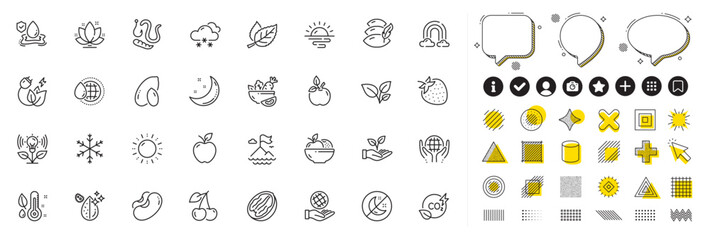 Set of Worms, Snow weather and Sunrise line icons for web app. Design elements, Social media icons. Green energy, Cherry, Pillow icons. Rainbow, Snowflake, Beans signs. Vector