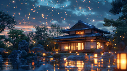 Traditional Japanese house illuminated at twilight with floating lanterns and fireflies, serene garden setting, tranquil ambiance, cultural architecture.