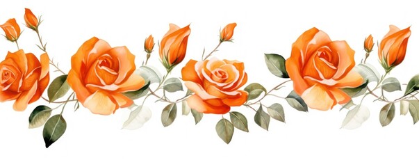 Orange roses watercolor clipart on white background, defined edges floral flower pattern background with copy space for design text or photo backdrop minimalistic  - obrazy, fototapety, plakaty