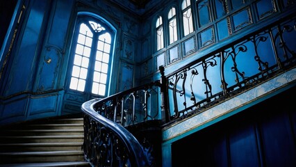 Halloween, stairs of an abandoned and haunted mansion. Concept of fear and mystery.
