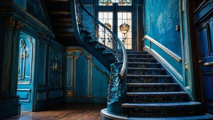 Halloween, stairs of an abandoned and haunted mansion. Concept of fear and mystery.