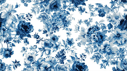 Seamless floral pattern with a variety of flowers in shades of blue, perfect for fabric design, wallpaper, or background use.