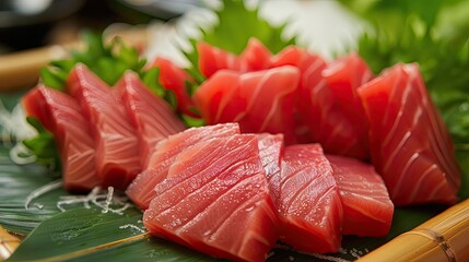 A close view of sashimi pieces fanned out on a bamboo leaf