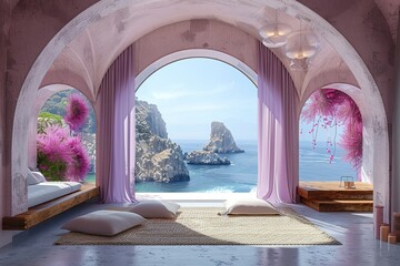 Obraz na płótnie Canvas The minimalist interior design features lavender silk curtains gently billowing in the breeze, framing panoramic views of the serene sea beyond.