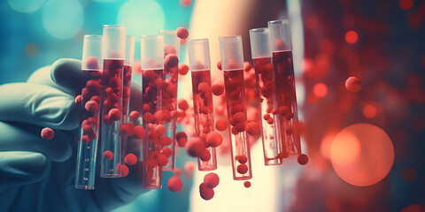background with lots of light spots, A Haematology patient Bloodcell Lab medical, Laboratory test tubes filled with blood samples 3d rendering, Gloved Hand Holding a Vial, Generative AI