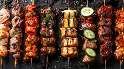 A series of skewers with international ingredients showcasing the global love for grilling - obrazy, fototapety, plakaty