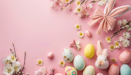 easter decorations like eggs, bunny ears, bow tie etc on pink background. Flat lay, top view, copy space