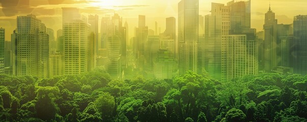 A cityscape with a green forest in the background