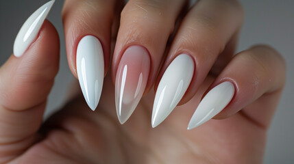 Elegant female hand with long white stiletto manicured nails on a white background with soft feather texture.