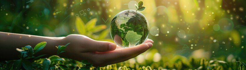 A hand holding a globe made of glass and green leaves