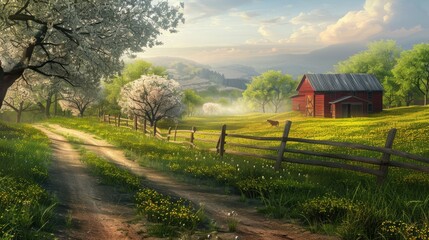 A red barn sits in a field with a dirt road leading to it