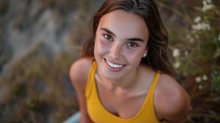 Portrait of a smiling young woman in a yellow top, looking up at the camera with a natural background.