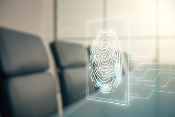 Double exposure of virtual creative fingerprint hologram on a modern boardroom background,...