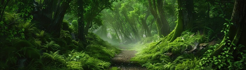 A lush green forest with a path through it - obrazy, fototapety, plakaty
